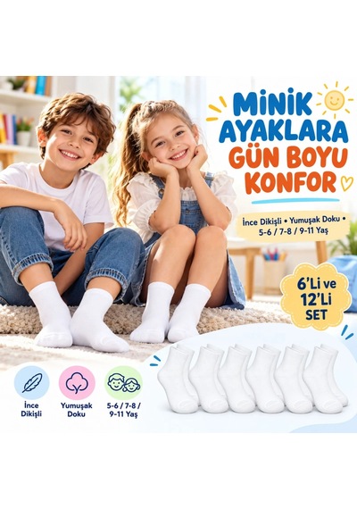 Woman And Kids Wak Çocuk Beyaz Çorap 6'lı Set İnce Dikişli Yumuşak Nefes Alabilen Okul Günlük Rahat Çorap 5-11 Yaş Seti