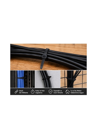 8x300 Mm Siyah Kablo Bağı Cırt Kelepçe 100 Adet