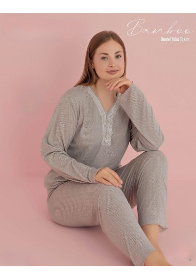 Pijamerry Kadın Büyük Beden Dantel Yaka Bambu Uzun Kol Pijama Takımı 5070 - 1 Adet 001 Pijamerry Kadın Büyük Beden Dantel Yaka Bambu Uzun Kol Pijama Takımı 5070 - 1 Adet 001