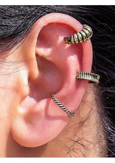 Vintage Antik 3'lü Deliksiz Ear Cuff Ayarlanabilir Kıkırdak Küpe Seti Eukk4 Sarı