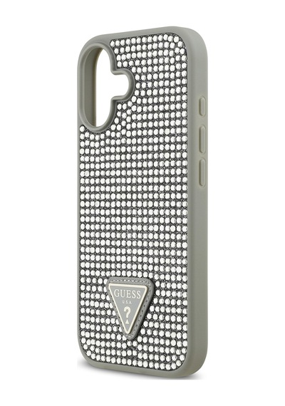 Apple Uyumlu iPhone 17 Kılıf Guess Lisanslı Taşlı Arka Yüzey Üçgen Logolu Kapak Gümüş