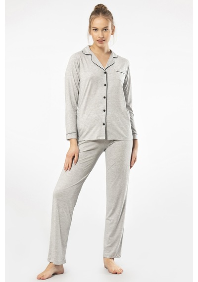 Türen 3365 Kadın Uzun Kollu Gömlek Yaka Pijama Takım-gri Gri