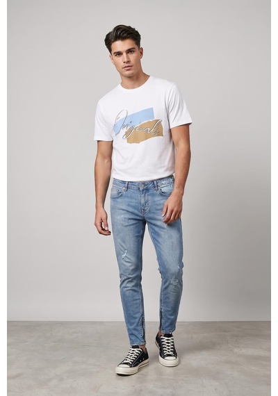 Erkek Skinny Fermuarlı Paça Detaylı Jean Açık Mavi 001