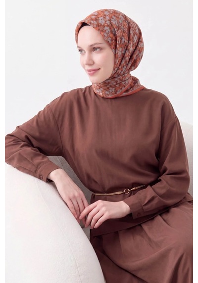 Silk Home Mini Floral Desen Soft Pamuk Eşarp Koyu Turuncu