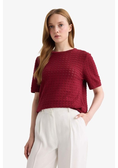 Defacto Regular Fit Bisiklet Yaka Kısa Kollu Triko Kazak F4974ax25aubr115 Bordo