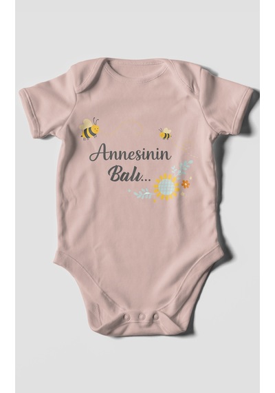 Morivokids Annesinin Balı Kısa Kollu Bebek Body %100 Pamuk Pastel Pembe