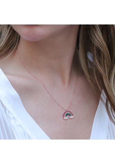 Renkli Zirkon Taşlı Gökkuşağı Rose Gold Kaplama Gümüş Kolye Gümüş