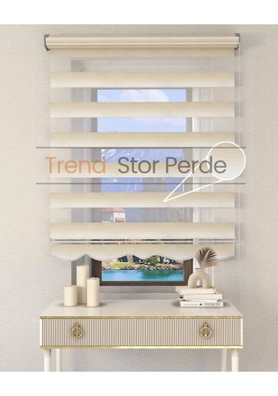 Krem Beyaz Geçişli Etek Dilimli Zebra Stor Güneşlik Perde Kırık Beyaz-krem