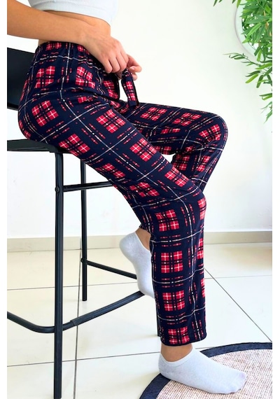 Farya Home Dreamy Soft Kadife Dokulu Ekose Kareli Süet Pijama Altı Pantolon Lacivert