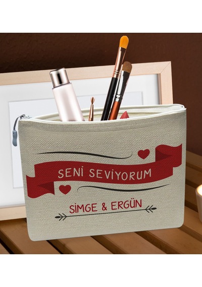 Bk Gift Kişiye Özel Keten Makyaj Çantası, Sevgiliye Hediye, Arkadaşa Hediye, Sevgililer Günü Hediyesi, Doğum Günü Hediyesi-10