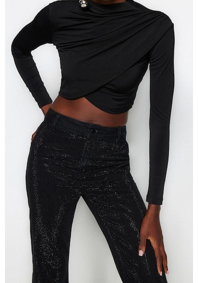 Ersefa Moda Dik Yaka Örme Slim Düz Desen Şık Gece Crop Uzun Kol Bluz Siyah