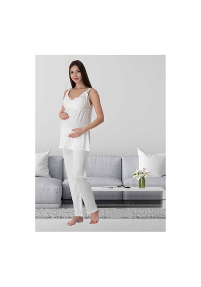 Effortt Dvina Lohusa Hamile Askılı Pijama Takımı - Ekru Ekru