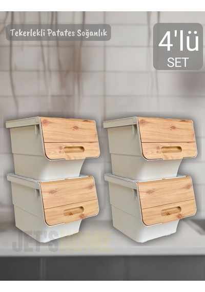 4'lü Tekerlekli Patateslik Soğanlık Bpa Free Oyuncaklık Erzak Kutusu Sebzelik Bambu 48 Lt Bambu-krem