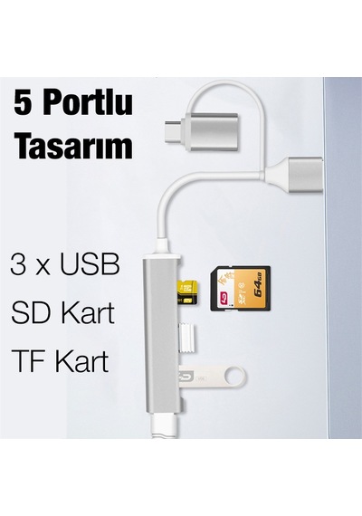 ALLY A-807 5in1 Type-C+USB Girişli USB 3.0 Çoğaltıcı Hub Adaptör