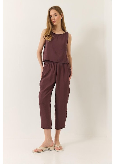 Shade Kadın Kalın Askılı Bluz Beli Lastikli Pantolon Modal Takım 3089 60283231 - Patlıcan Çok Renkli