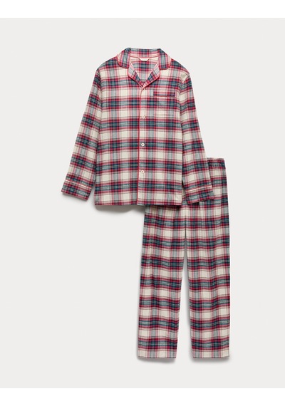 Marks & Spencer Saf Pamuklu Kareli Pijama Takımı T07005139 Krem