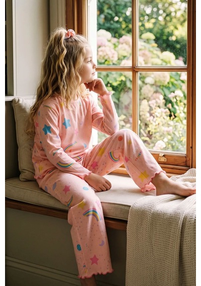 Zuzunga Kız Çocuk Gökkuşağı Desenli Beybi Overlok Somon Pijama Takımı Toka Hediyeli