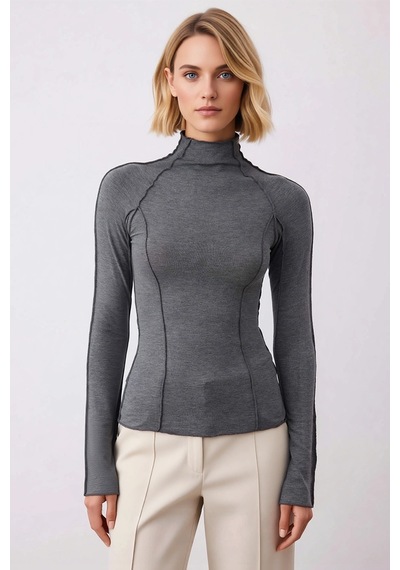 Benerly Kadın Örme Bluz Fitted Vücuda Oturan Dik Yaka Uzun Kol Reglan Süp Antrasit