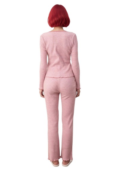 Ersefa Kadın Çizgili Kaşkorse Pijama Takımı Dantel Detaylı Fonksiyonel D Pembe