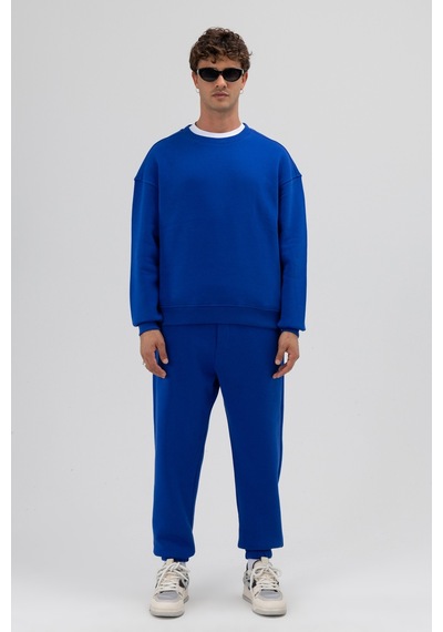 Vamos Basic Bisiklet Yaka Oversize Sweatshirt Saks Mavi