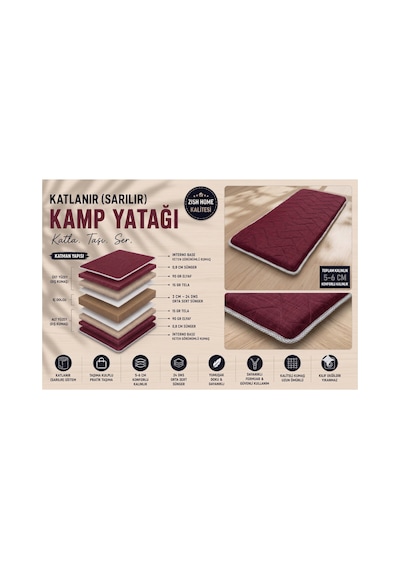 Bordo Taşınabilir Katlanır Yatak Karavan Kamp Yatağı Anne Yanı Yer Yatağı 120 X 200 Bordo