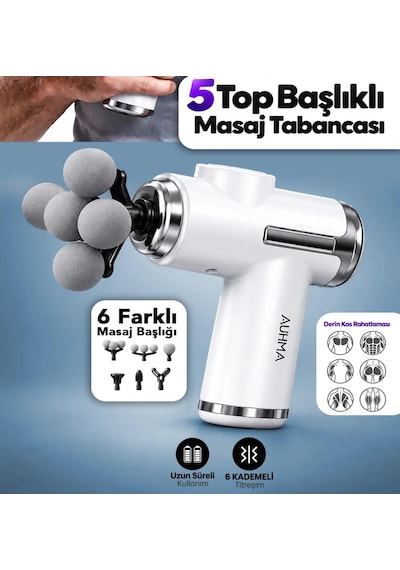 Auhma Amg49 2400mah 6 Kademeli 5 Başlıklı Masaj Tabancası Derin Kas Masaj Cihazı Beyaz