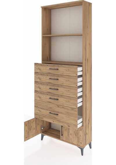 Arges Dolap 2 Raflı 5 Çekmeceli 2 Kapaklı 88x30x243 Çam-çam Çam