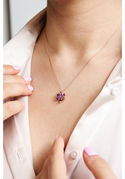 925 Ayar Gümüş Mor Lotus Çiçeği Kolye - N165701 Rose Gold