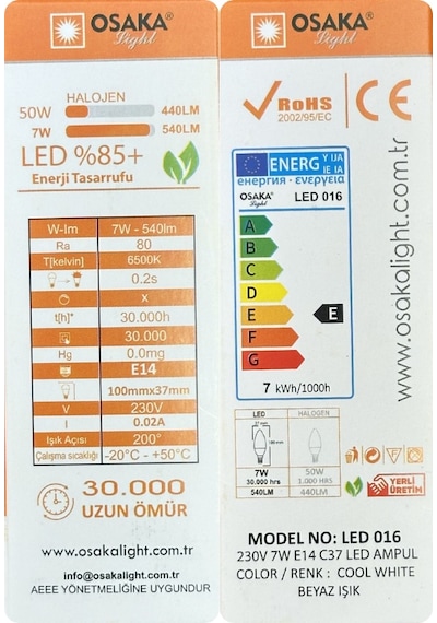 8 Adet Osaka 7w 50w Beyaz Işık 6500k E14 Duylu İnce Duy Led Mum Ampul