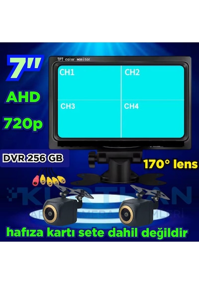2 Adet Ahd 720p 170 Derece Balık Gözü Lens Kamera 7 İnç Ips Qled 256 Gb Dvr Monitör 12 Volt