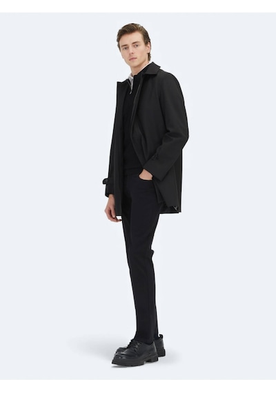 Kip Siyah Regular Fit Bebe Yaka Casual Dokuma Pardesü Siyah