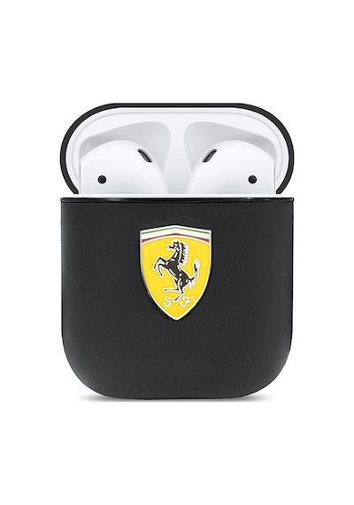 Apple Uyumlu AirPods Kılıf Ferrari Lisanslı Pu Deri Metal Logolu Sf Arka Yüzey Yazılı Kapak Siyah