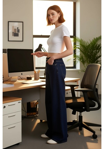 Ersefa Kadın Wide Leg Denim Pantolon Fonksiyonel Dayanıklı Kaliteli Konf Koyu Mavi