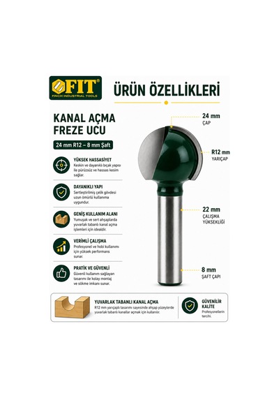 Ahşap Kanal Açma Freze Ucu 24 Mm R12 - 8 Mm Şaft