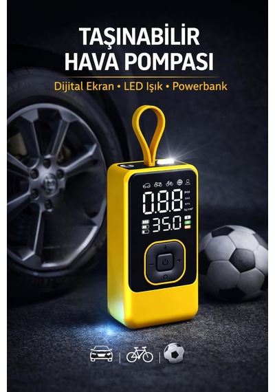 Taşınabilir Hava Pompası, Dijital Ekranlı Lastik Şişirme Kompresörü, Led Işıklı, Type-c Şarjlı, Powerbank