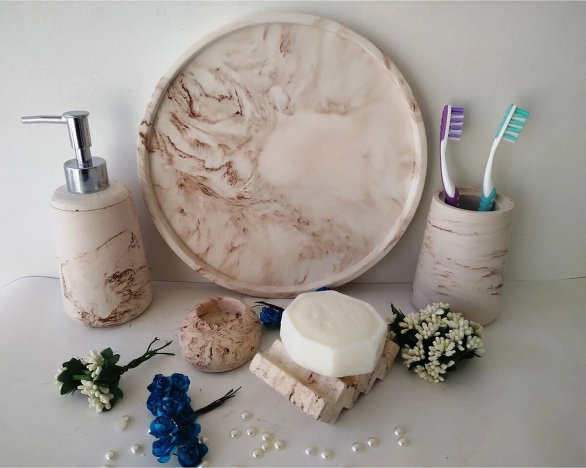 Marble Bej Serisi Banyo Seti, Sıvı Sabunluk Diş Fırçalığı Beton Aksesuar Takımı Bej