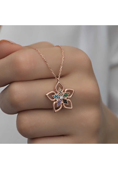Gümüş Rose Renkli Taşlı Çiçek Kadın Kolye