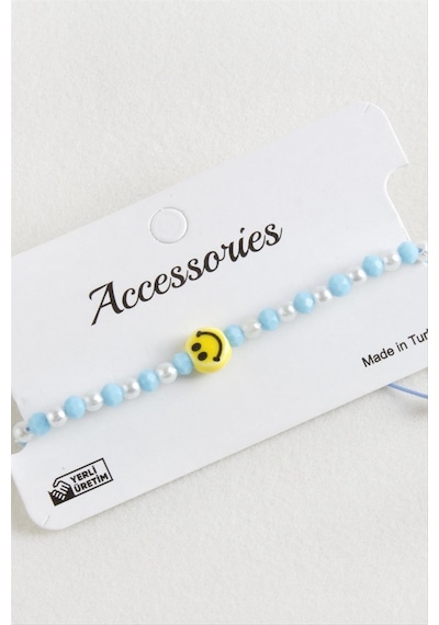 Ilkeshop Emoji İnci Kristal Makrome İp Bileklik - Mavi