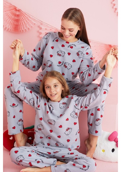 Siyah İnci Lisanslı Polar Çok Renkli Bisklet Yaka Pijama Takım Hk316 Gri