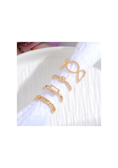 Flare Gold Altın Renkli Kristal Taşlı Şık Modern Bohem 4 Parça 4'lü Yüzük Seti