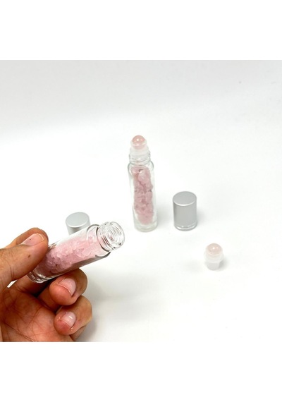 Yıldız Doğal Taş Sertifikalı Pembe Kuvars Doğal Taş Esans Şişesi + Roller Masaj Aleti 10 ML