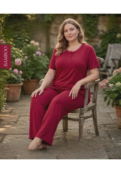 Derya Kadın Bambo Büyük Beden Düğme Yaka İnce Kısa Kol Pijama Takımı 7941 - 1 Adet Bordo