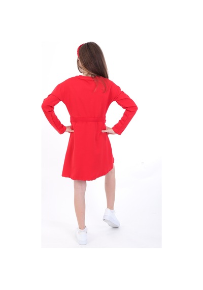 Toontoy Kız Çocuk Baskılı Relax Fit Bisiklet Yaka Uzun Kollu Bağcıklı Elbise - Kırmızı
