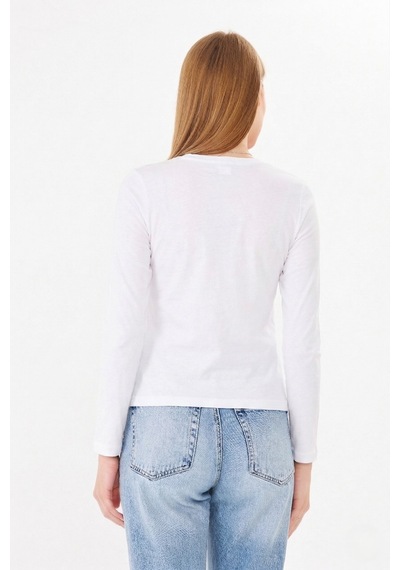 Sortie Collection Bisiklet Yaka Pamuklu Uzun Kollu Basic Penye Tişört Bluz Ekru