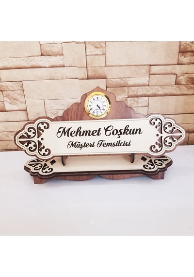 Kişiye Özel Ahşap Saatli Masa İsimliği