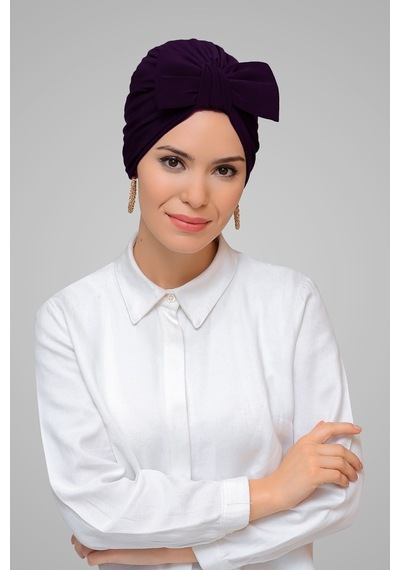 Hürrem Bone Mürdüm Pratik Hazır Geçmeli Tesettür Bone Sandy Kumaş Fiyonklu Bü (545490873) Mürdüm