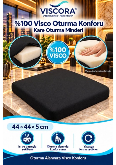 Visco Kare Oturma Minderi Ofis Koltuğu, Sandalye Ve Ev İçin Kaymaz Minder 44 44 5 Cm