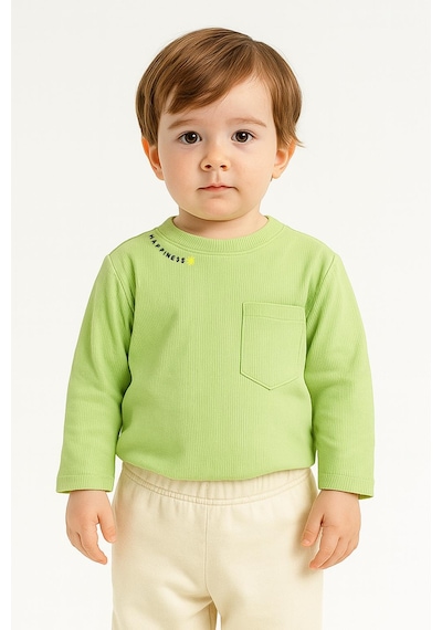 Luess Unisex Çocuk Happiness Nakışlı Cepli Fitilli Kaşkorse Tişört Açık Yeşil