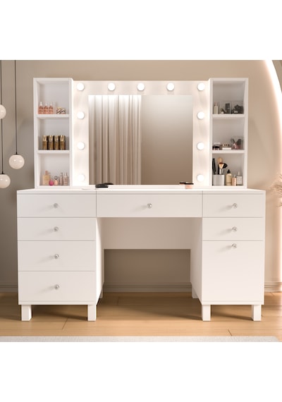 Robin Home Hollywood Makyaj Masası 7 Çekmece Kapaklı Düzenleyici Hollywood Led Işıklı Raflı Beyaz Robin Home Hollywood Makyaj Masası 7 Çekmece Kapaklı Düzenleyici Hollywood Led Işıklı Raflı Beyaz