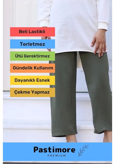 Terletmez Rahat Kalıp Beli Lastikli Bol Paça Salaş Yazlık Kadın Haki Aerobin Pantolon Haki